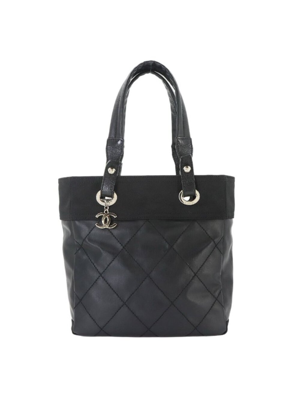 Chanel Paris Biarritz PM Tote Bag Nylon Leather Black Silver